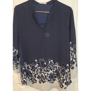 Women's Pixel Dot Blouse Shirt Top Navy Blue & White Floral‎ Border Vneck 2XL
